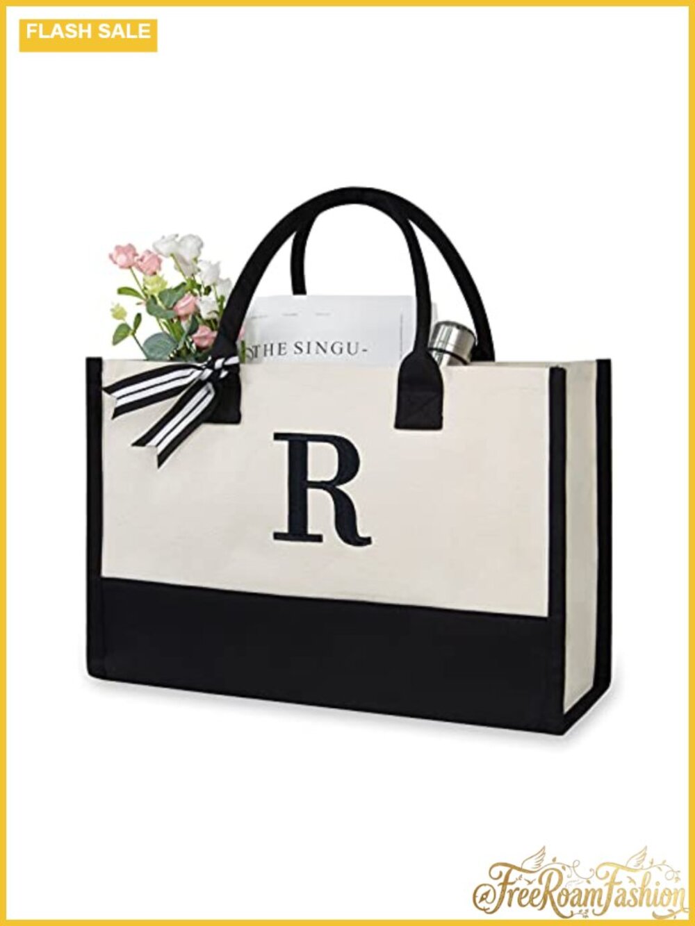 Personalized Initial Canvas Beach Bag Monogrammed Gift Tote for Women